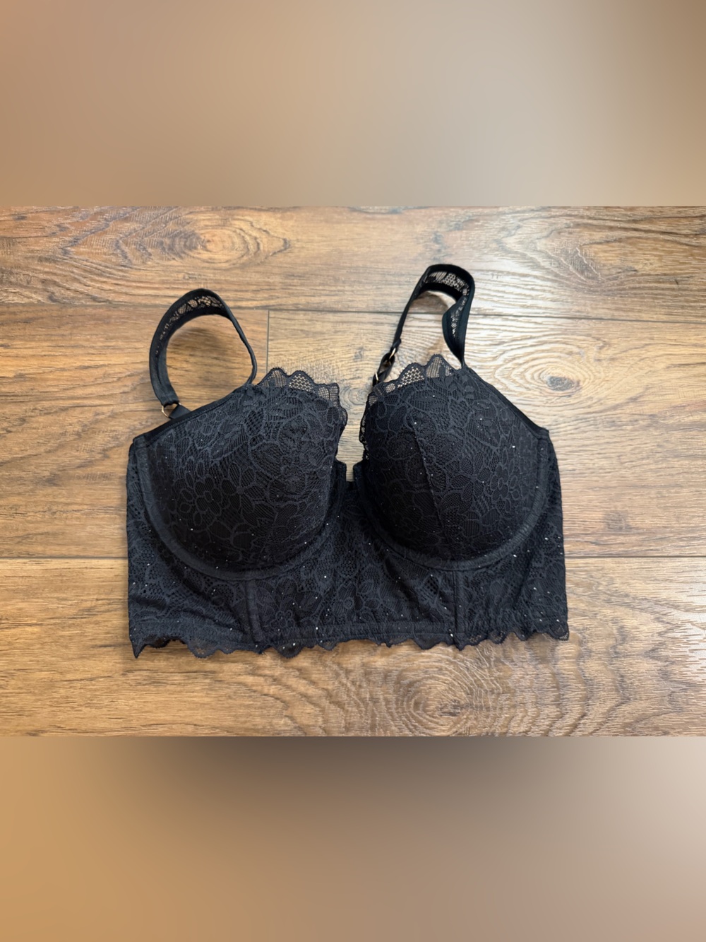 aerie Black Lace Longline Bra with Subtle Sparkle